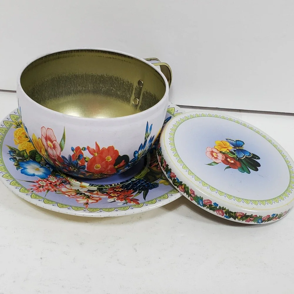 Michel & Company‎ Teacup Saucer Tin The Gifted Line Floral Butterfly Blue Gold